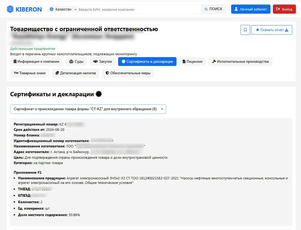 Раздел Kiberon с сертификатом происхождения товара СТ-KZ для проверки производителя и сведений о продукции.