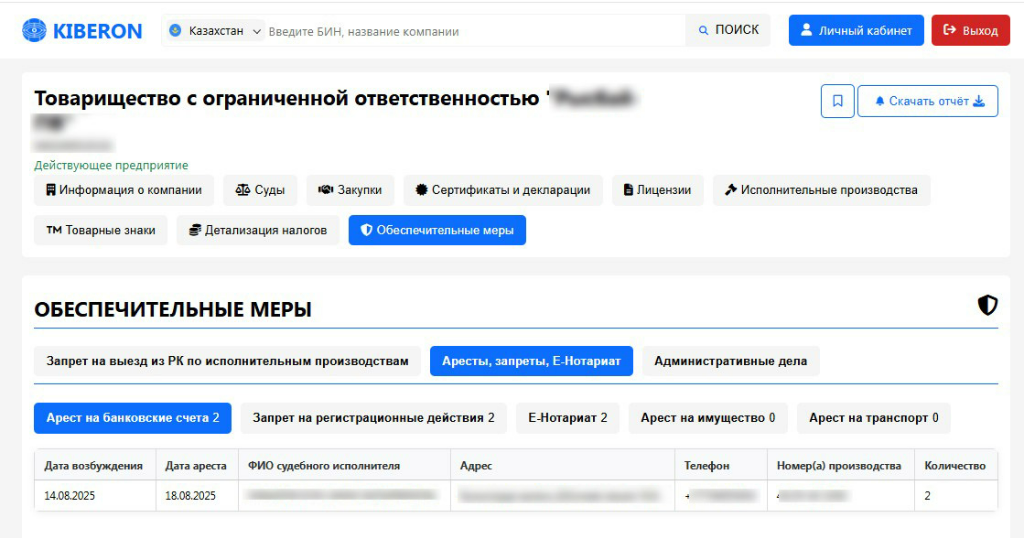 Интерфейс Kiberon с обеспечительными мерами компании: арест банковских счетов, регистрационные запреты, арест имущества и транспорта