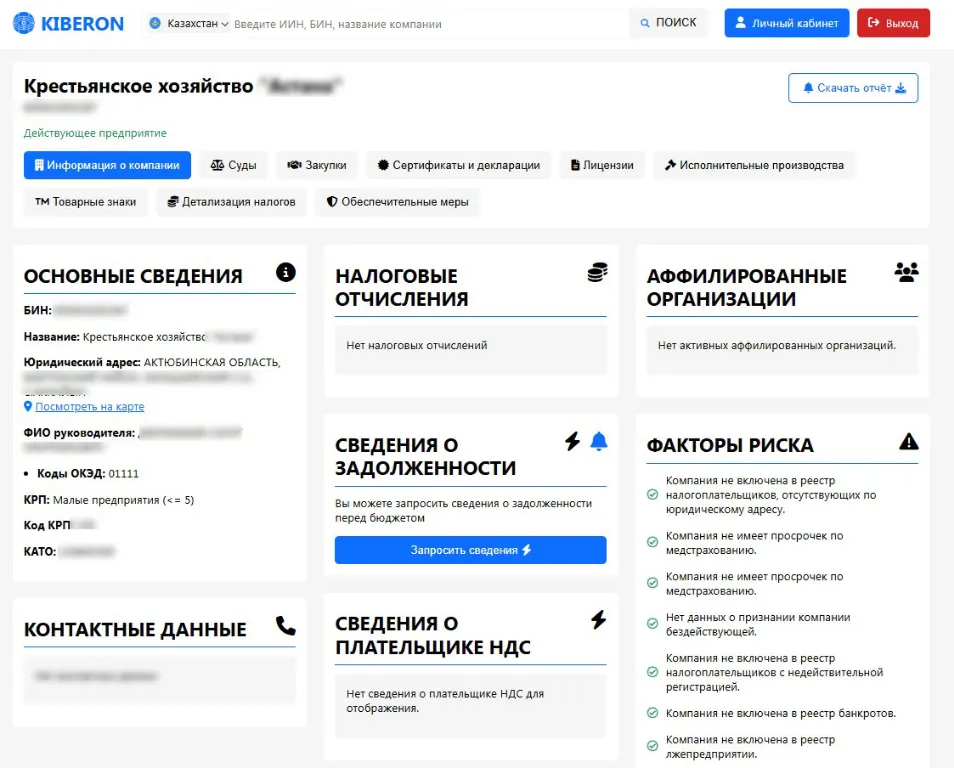Kiberon: отчёт о проверке крестьянского хозяйства по ИИН/БИН — НДС, суды, залоги, закупки