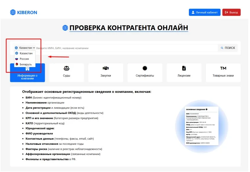 Онлайн-проверка ТОО по БИН в Казахстане через сервис Kiberon