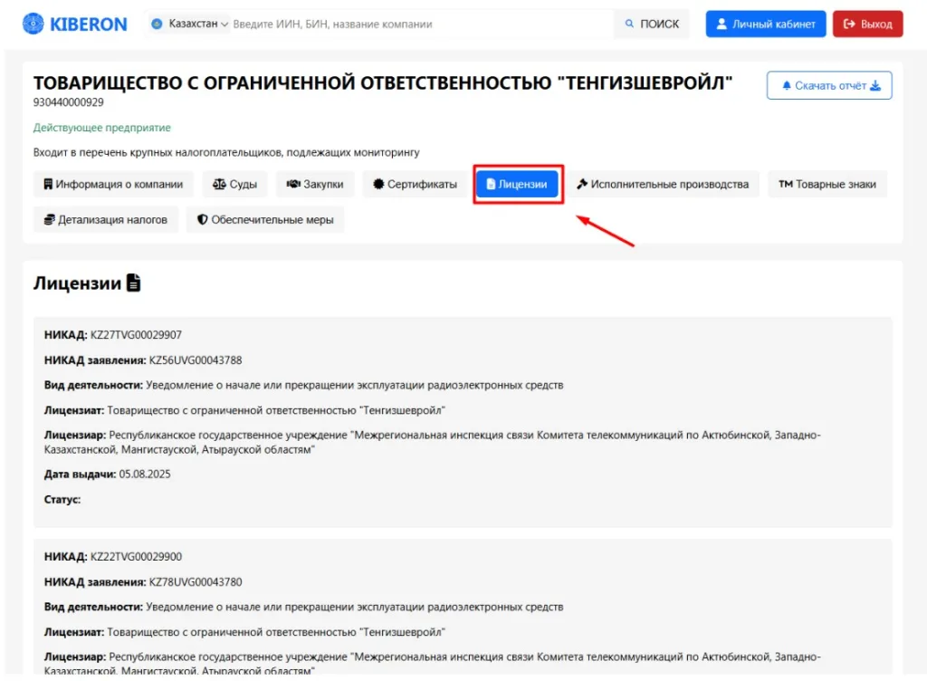 Интерфейс Kiberon.kz — раздел «Лицензии»: результаты проверки по БИН в реестре лицензий РК (номер, орган выдачи, статус)