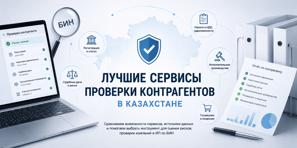 Инфографика с выбором сервиса для проверки контрагентов в Казахстане по задачам бизнеса