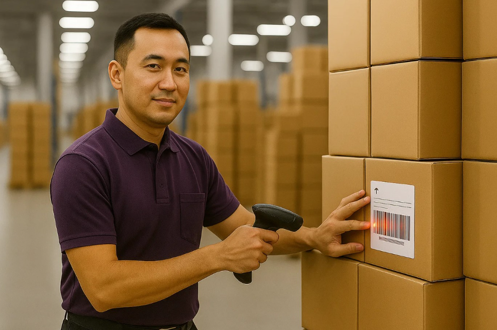 Сотрудник склада сканирует штрихкод на коробке при приёмке товара