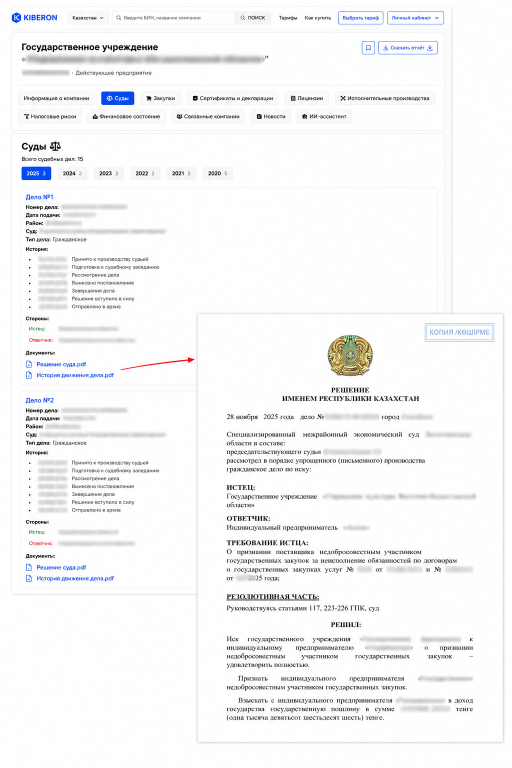 Судебные дела и решение суда по компании в Казахстане в KIBERON