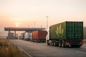 Очередь грузовиков на пограничном пункте пропуска, контейнер с символом зерна — экспорт сельхозпродукции