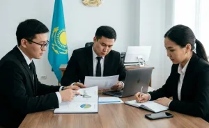 Предприниматель и специалисты в офисе в Казахстане анализируют налоговые показатели на 2026 год — НДС, ИПН и пороговые значения по режимам налогообложения, на столе отчёты с графиками и ноутбук.