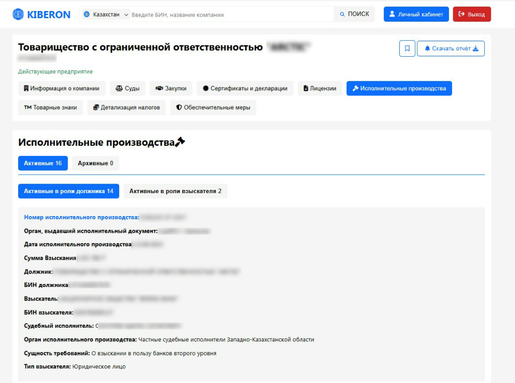 Интерфейс Kiberon с данными об исполнительных производствах компании в Казахстане