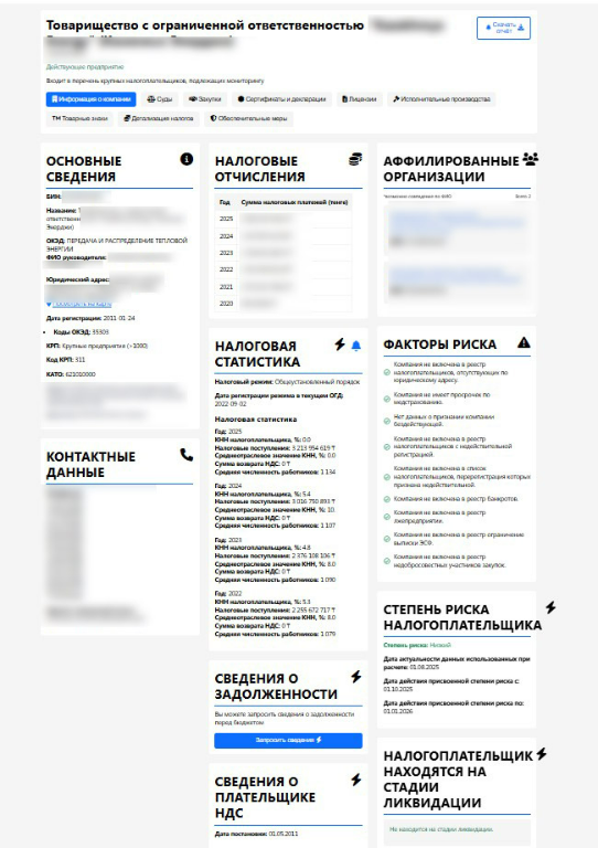 Карточка компании в Kiberon с налоговыми отчислениями, статистикой и факторами риска