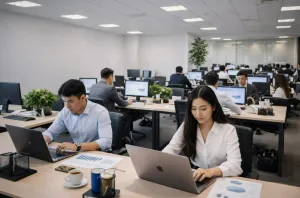 Сотрудники в офисе работают за ноутбуками и анализируют отчёты с графиками и таблицами при проверке режима налогообложения РК.