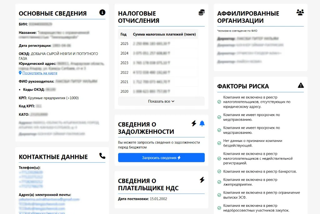 РНУ Казахстана — проверка контрагента по БИН в Kiberon: статусы, налоги, НДС и факторы риска (скриншот отчёта)
