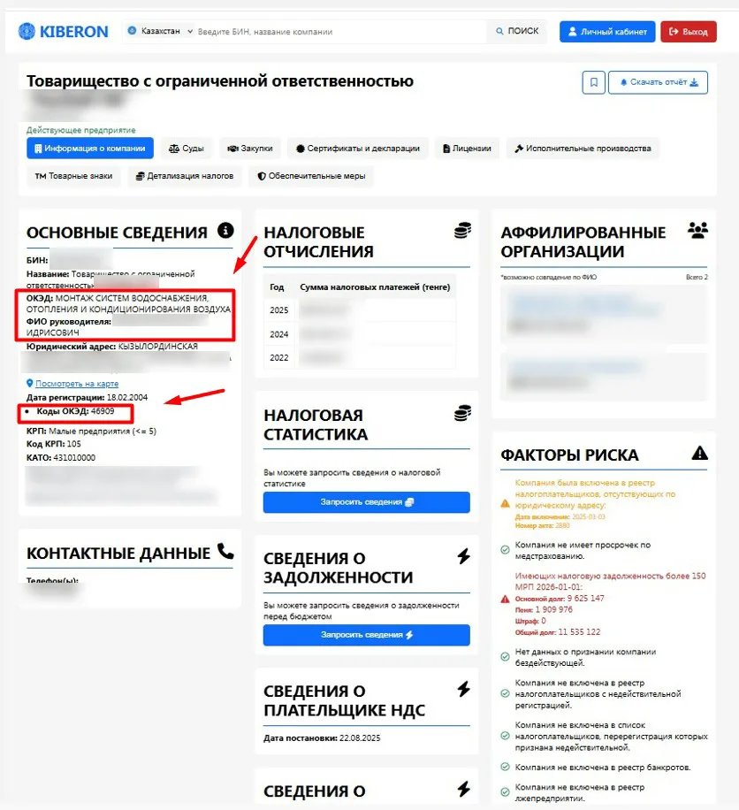 Проверка компании по БИН в Kiberon с отображением кода ОКЭД, основного вида деятельности, налоговых данных и факторов риска.